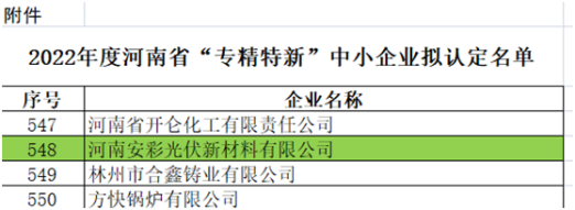 祝賀！光伏新材料通過河南省“專精特新”中小企業認定